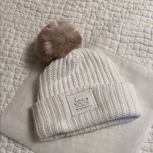 Love Your Melon White Knit Beanie with Tan Pom-Pom